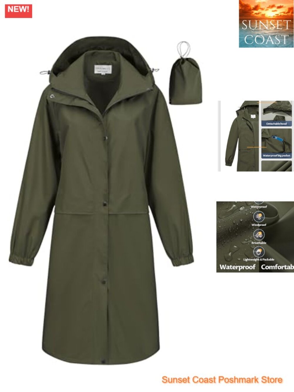 Women's Long Waterproof Rain Coat Lightweight Packable Windbreaker Removable